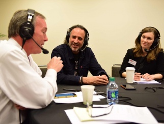 JC Curleigh (middle) wore Levi's new denim jacket to chat with Jen Overstreet (right) and Bill Thorne (left).