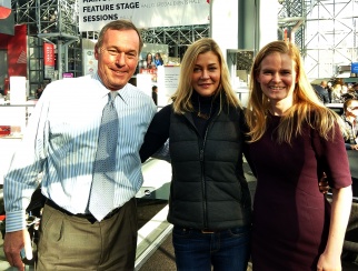 Miki Berardelli (middle) with host Bill Thorne (left) and co-host Sarah Rand (right).